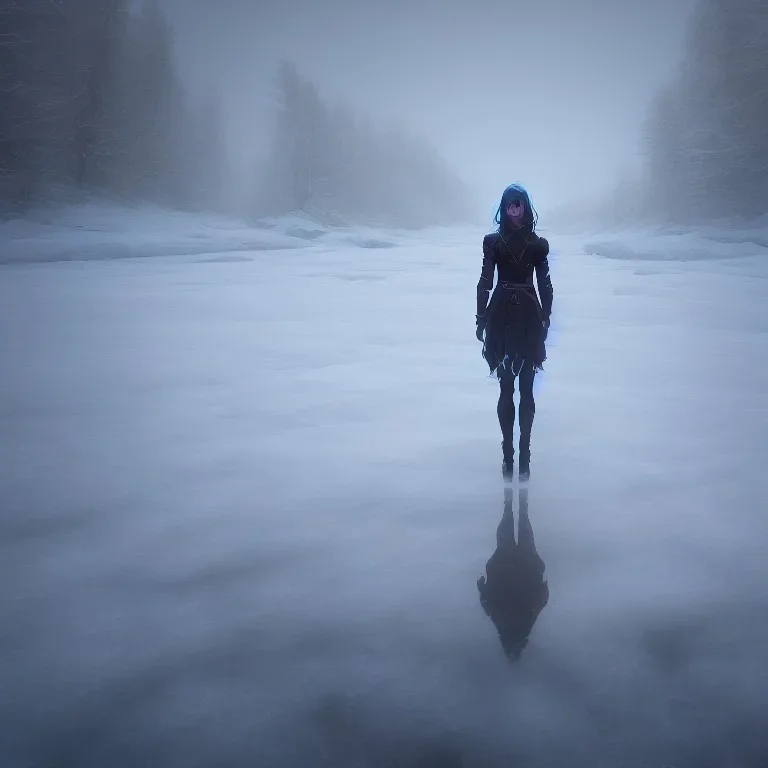 photograph, hyperreal, lost, feeling, person, biped, winter landscape, ice field, crystals, surreal, dreamlike, foggy