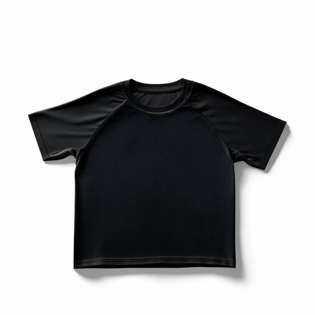 Folded traning T-shirt, top view, flat lay, realistic, male active wear, black breathable material, short sleeves round neck