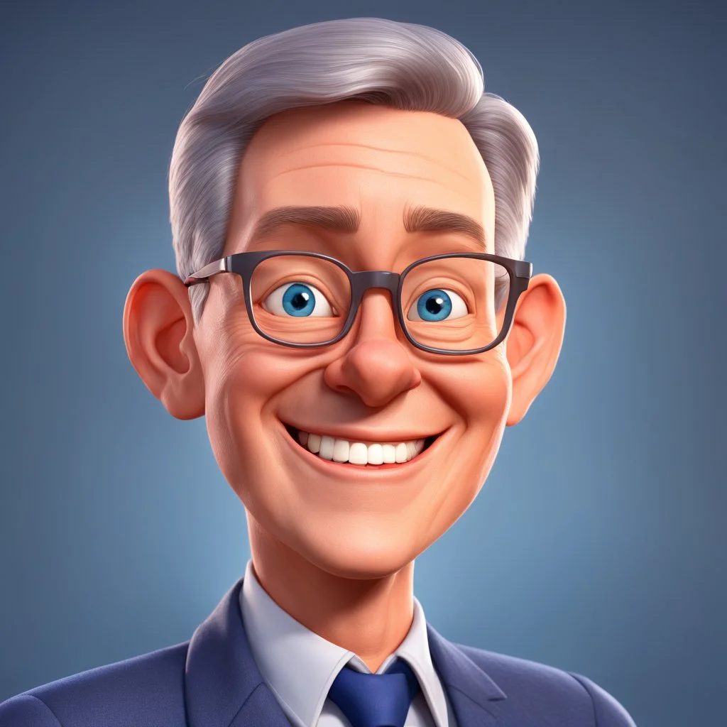 a portrait of smiling wise western man. 40 years old. caricature. gray short hair. light skin. blue eye pupils. elips eyeglasses, thin silver frame. oblong face shape. wear navy blue formal dress. pixar style. 3D. 4k. portrait. highly detailed. sharp focus. high resolution. full color. cinema lighting. with food background