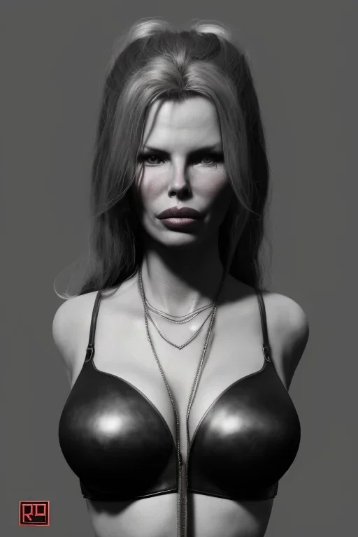 Kim Basinger in black leather, evil, busty, cleavage, curvy, angry, happy, stern look. character design by cory loftis, fenghua zhong, ryohei hase, ismail inceoglu and ruan jia. unreal engine 5, artistic lighting, highly detailed, photorealistic, fantasy