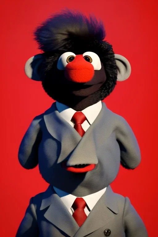 Waist up muppet Portrait, Kim Jong-un as muppet doll, black suit, photo studio, red background, unreal engine 5, concept art, art station, god lights, ray tracing, RTX, lumen lighting, ultra detail, volumetric lighting, 3d.