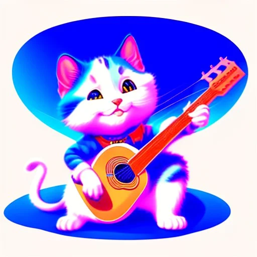 sticker design on white background, Pixar kitten playing guitar, flat illustration style , ultra detailed