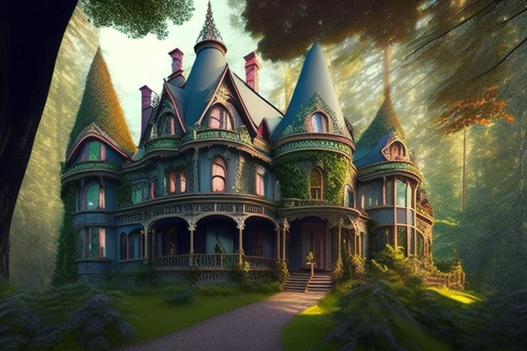 fantasy victorian house surrounded by forest