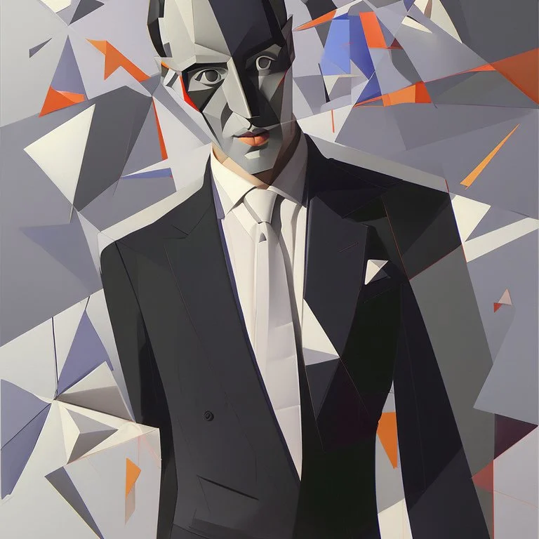 a painting of a man in a suit and tie, a cubist painting by Stanton Macdonald-Wright, Artstation, cubo-futurism, cubism, angular, constructivism