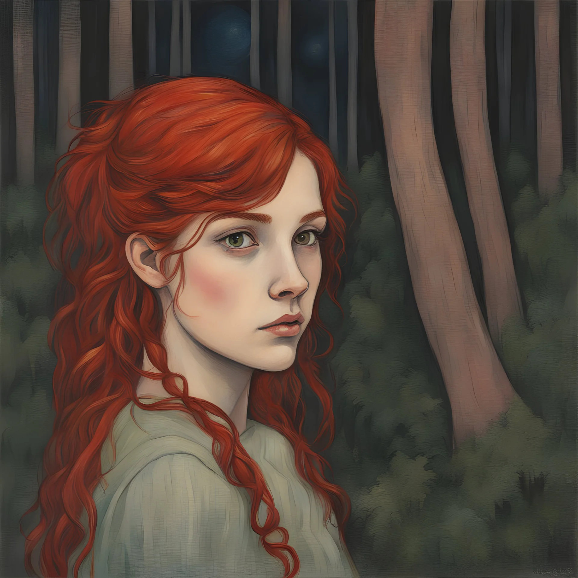 A portrait of a red haired girl in twilight forest by Wyspianski