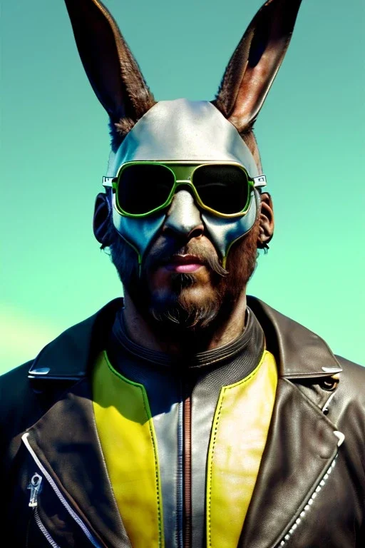 Medium Close Up Portrait, Front image. cyberpunk, rabbit mask, rasta man, white short hair. leather, titanium suit. Yellow, black, red, color. Mad max style. Color background, photo studio. Avatar image, highly detailed, concept art, smooth, unreal engine 5, god rays, ray tracing, RTX, lumen lighting, ultra detail, volumetric lighting, 3d, finely drawn, high definition, high resolution.