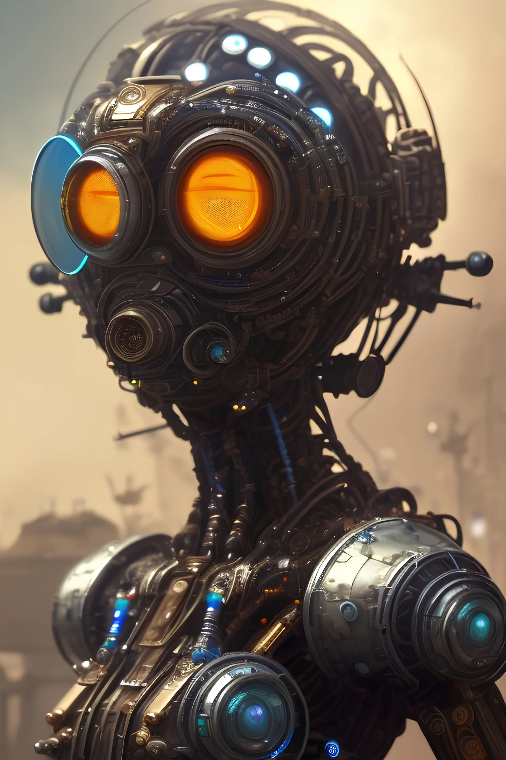 a beautiful full frame portrait digital painting of futuristic gaspunk robot, wide angle view, close-up, macro lens, centered camera, titanium accents, intricate details, small minutiae, tiny features, particulars, colorful, 8k, least ambient occlusion, volumetric lighting, volumetric clouds