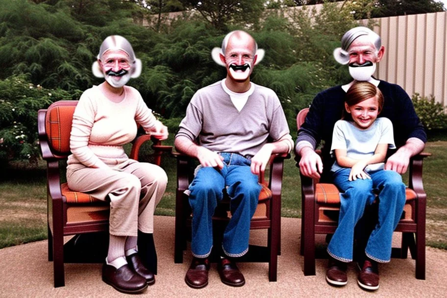 Awkward Family Photo, old and young sitting on chairs, weird smiling, long 70 hair and mustasch