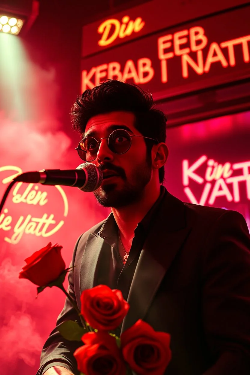 An spanish Guy with big eyes "Enrique" performing at dance club, his name is "Enrique" Red roses On stage, red Neon lights and smog, and "Din KEBAB I NATT" big sign on the wall, serenade under balcony, ZORRO vibes