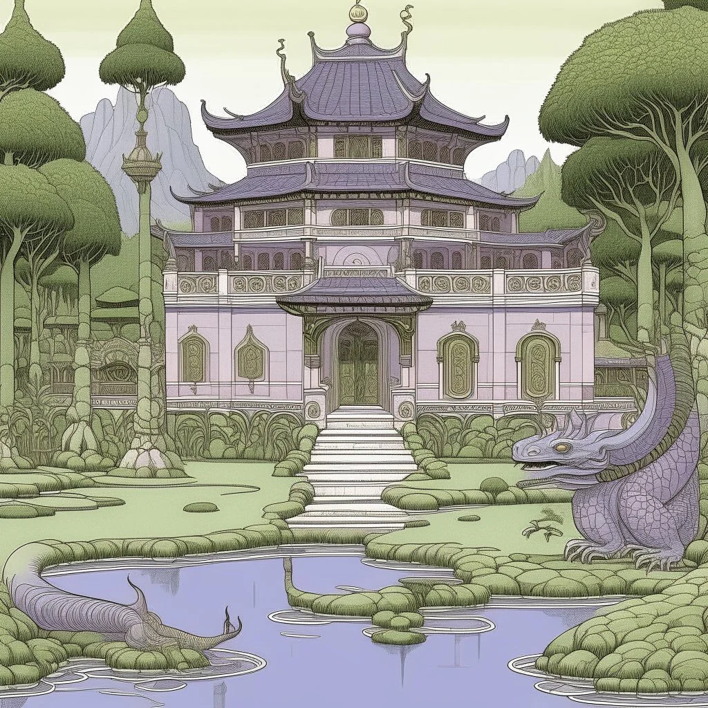 A light purple Eastern palace with a Zen garden and a draconic chameleon painted by John Brack
