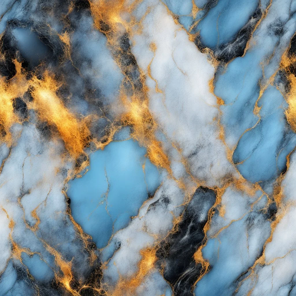 Hyper Realistic Light-Blue, Golden-&-Black-marble-background with glowing-embers & white-scratch-marks vignette-effect