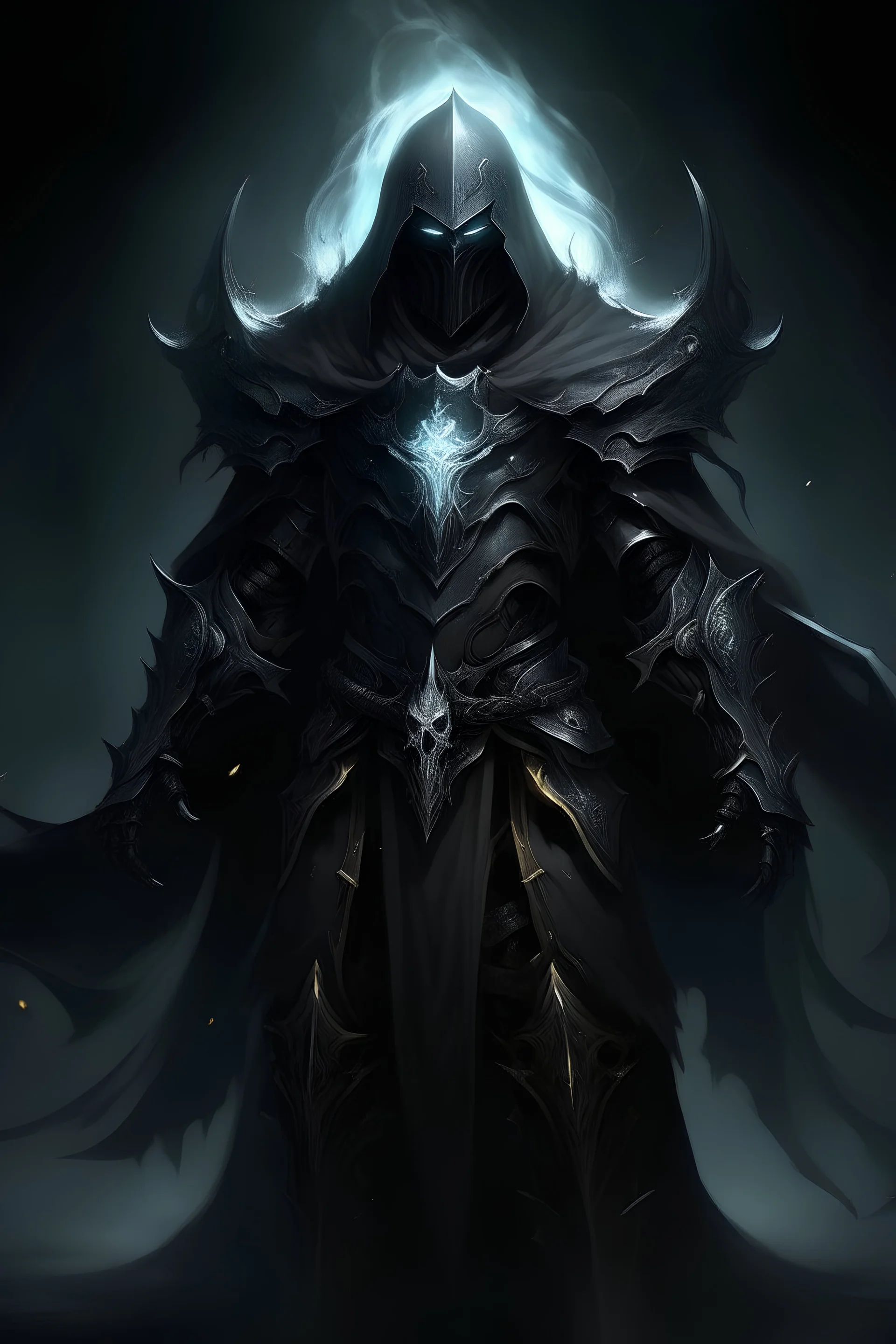Dark fantasy knight with pale skin and glowing eyes in black armor with a billowing spectral cloak