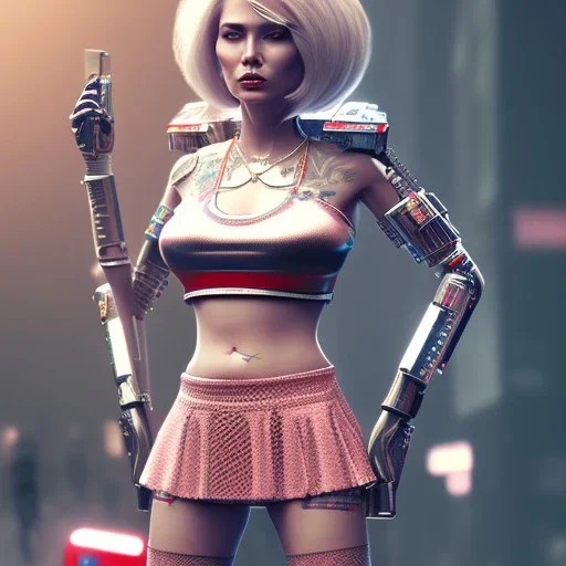 Donald trump in a skirt with tattoos cyberpunk very detailed cinematic unreal engine photo realistic