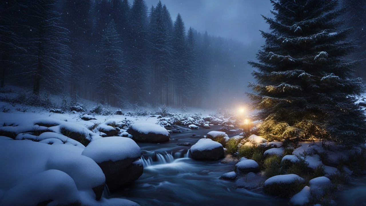 fir forest scenery, heavy mist,,creek,forest,christmas ,tree,fireflies,night,snow,fir tree,high-quality photograph,photorealistic, shot on Hasselblad h6d-400c, zeiss prime lens, bokeh like f/0.8, tilt-shift lens 8k, high detail, smooth render, unreal engine 5, cinema 4d, HDR, dust effect, vivid colors,night