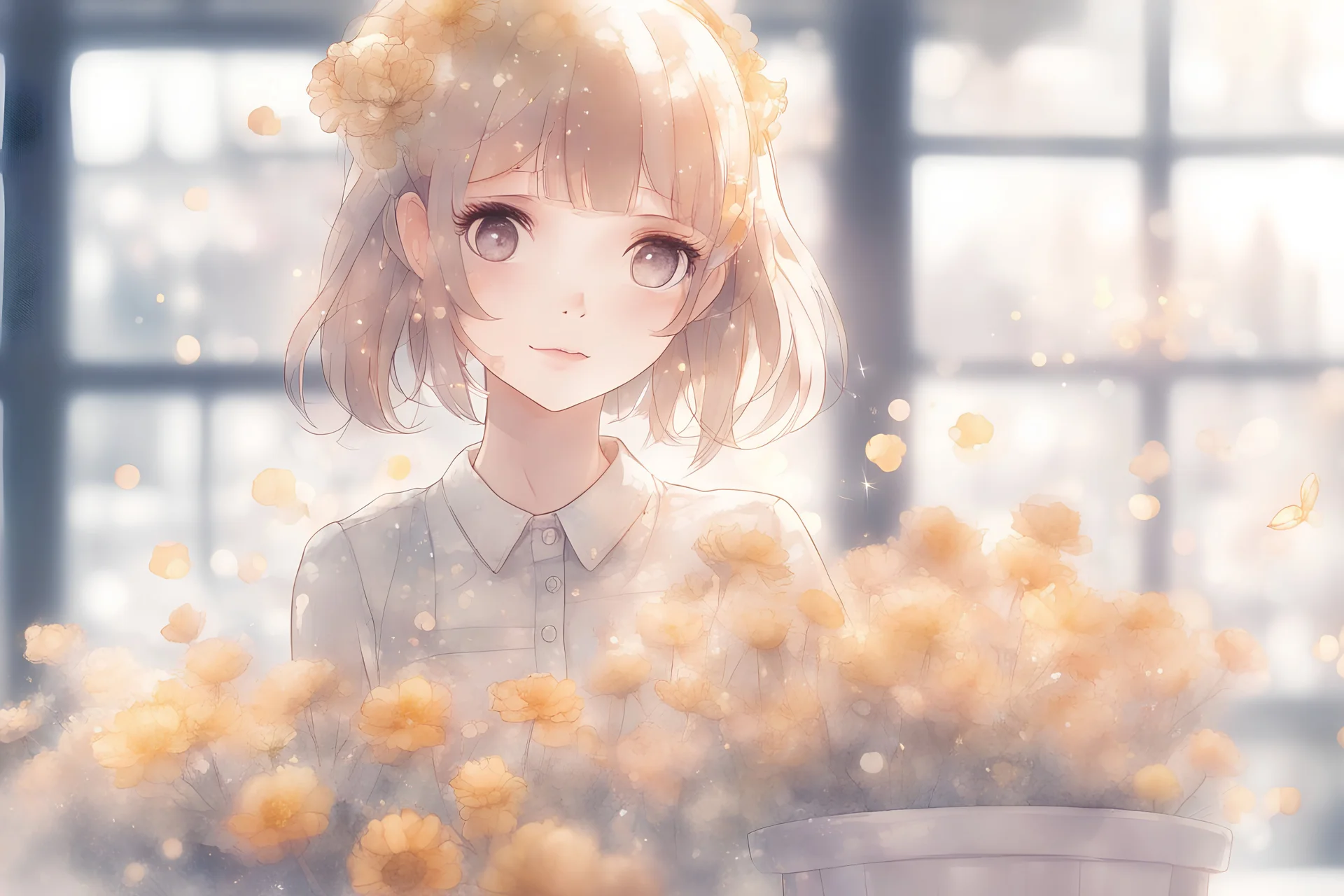 double exposure, flower shop, cute chibi salesgirl in flower uniform in sunshine, watercolor and black ink outlines, sparkling golden glitter, ethereal, cinematic postprocessing, bokeh, dof