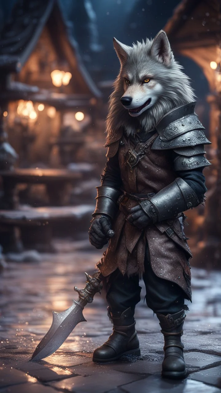 dark man kneeling, wolfs mane,moon, fluffy boots, full figure with metallic stone gauntlets holding dark jagged dagger, standing on frozen wet tiled floor outside fantasy tavern, focused female brownie vampire gnome from worms armageddon wearing makeup, bokeh like f/0.8, tilt-shift lens 8k, high detail, smooth render, down-light, unreal engine, prize winning