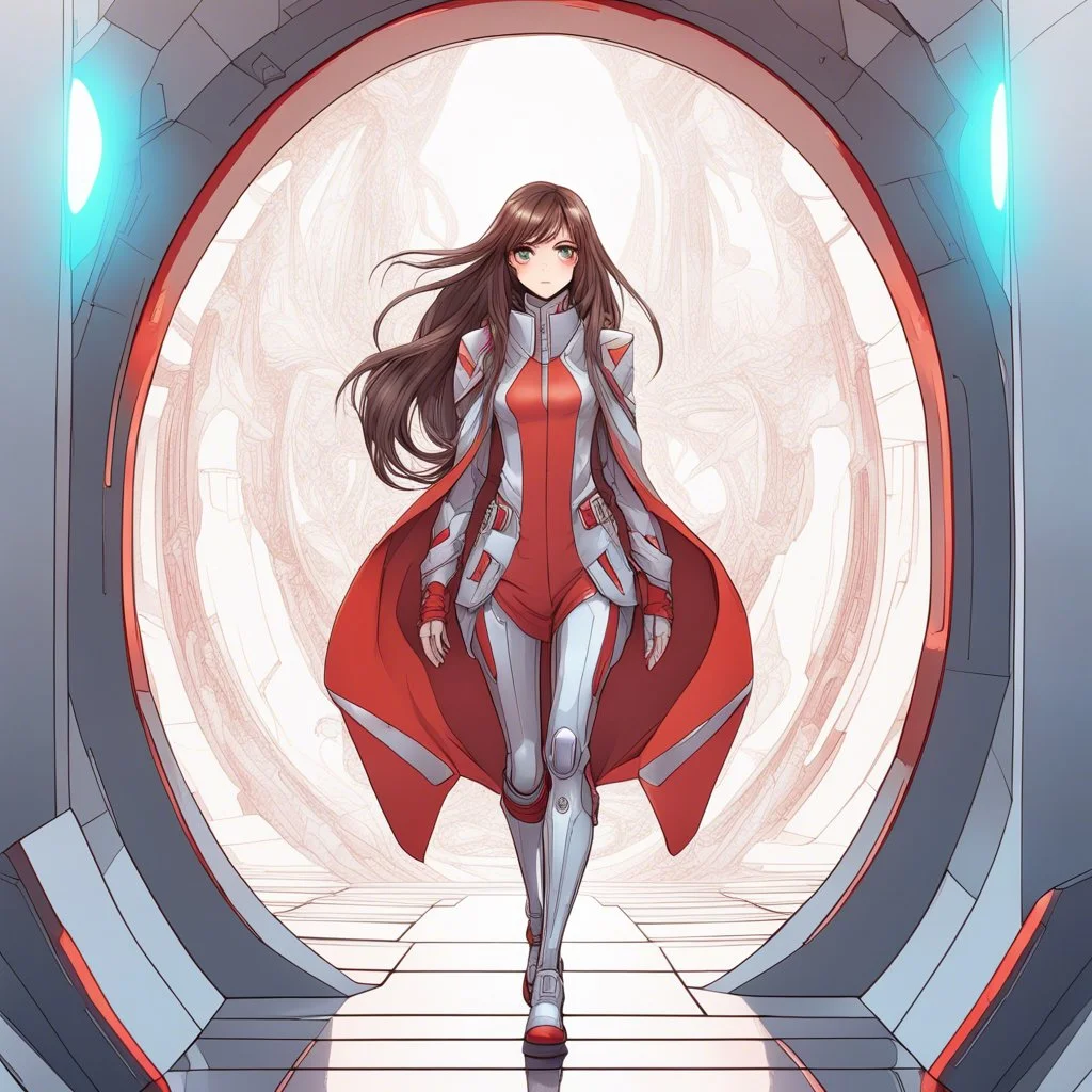 A confident woman with long brown hair and red eyes, stepping out of a portal wearing futuristic clothes, colored manga style, intricately detailed
