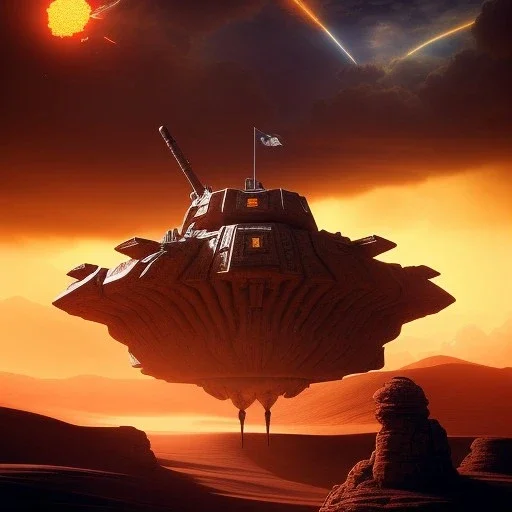 volumetric dramatic desert Battle scene with futuristic hovering military armored Hovercraft painted by chris foss, floating, 4k, 8k, Minutiae, highly detailed, gun Turret, antennae, pennant, hovering, stripes, sunset, duststorm, nimbus clouds]