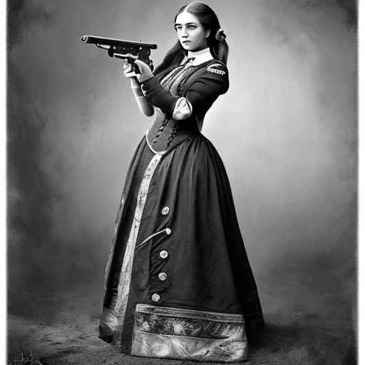 sepia artwork of Belle Starr wearing 1800s dress and holding a rifle across her chest, holster and gun around her waist, female outlaw gunslinger, hair in bun, vignette, 8k, high-quality, ultra-fine detail, Alfredo Rodriguez, Jack Sorenson, Bill Anton, Lilyan Tashman, Louise Klement