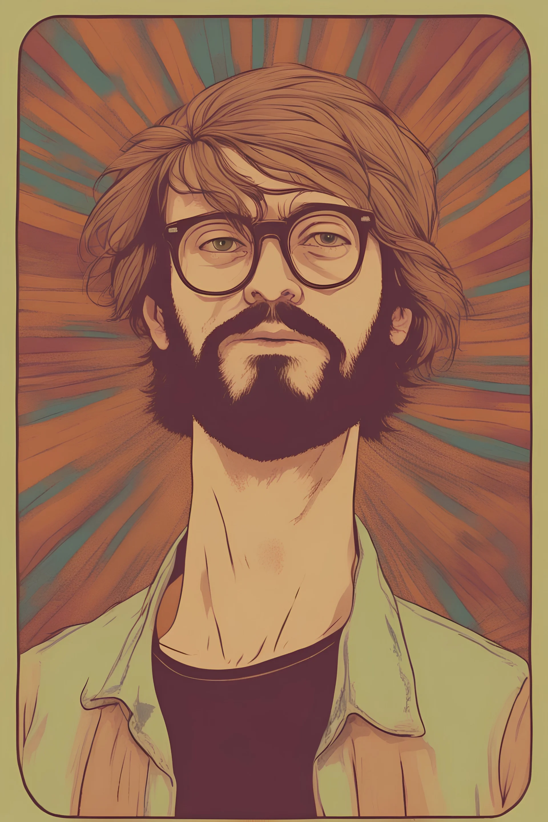 Hippie young man with strange face with aspect of cat in his 40s with Parisian bohemian look and glasses of colours and poor and short short hair on the head with receding hairline. Farsightedness glasses with big eyes. Long beard. Vintage look and feel like photos of the 70s