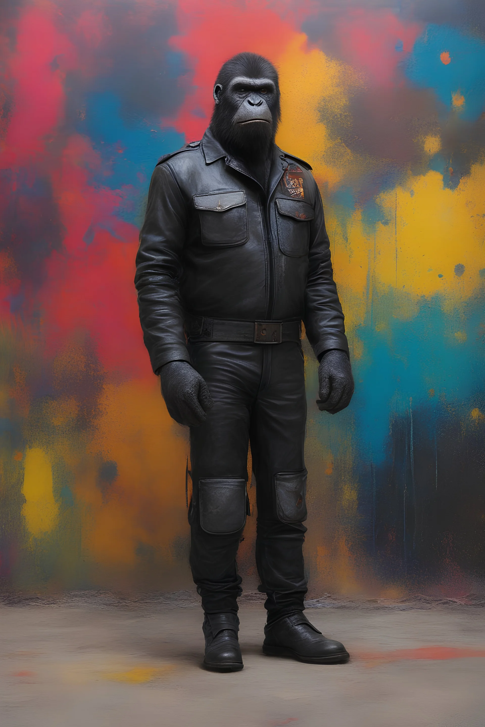 Aldo the black gorilla piece officer from Planet of the Apes wearing a clean, black leather jacket, dark colored shirt, dark leather trousers and black slip-ons - extremely colorful, multicolored paint splattered wall in the background, oil painting by Leonardo da Vinci