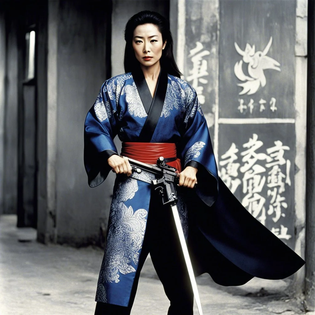 [photo of youthful Michelle Yeoh by helmut newton] The guardian stands tall, Kimono turned combat gear, Beauty wields power. A weapon in each hand: Skillful hands at work,Firearm and blade in balance, Enforcer's resolve. Her strength emanates, Ancient grace meets modern might, she attacks
