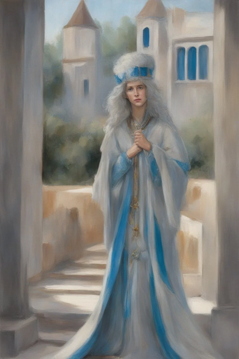 Orical wearing grey robes with white hair and blue eyes