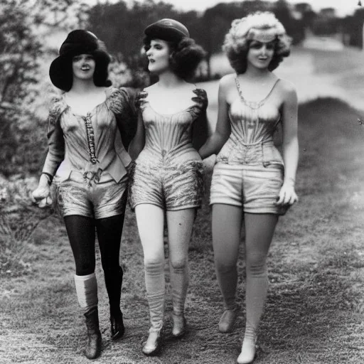 Four Ziegfeld Girls on jeans walking