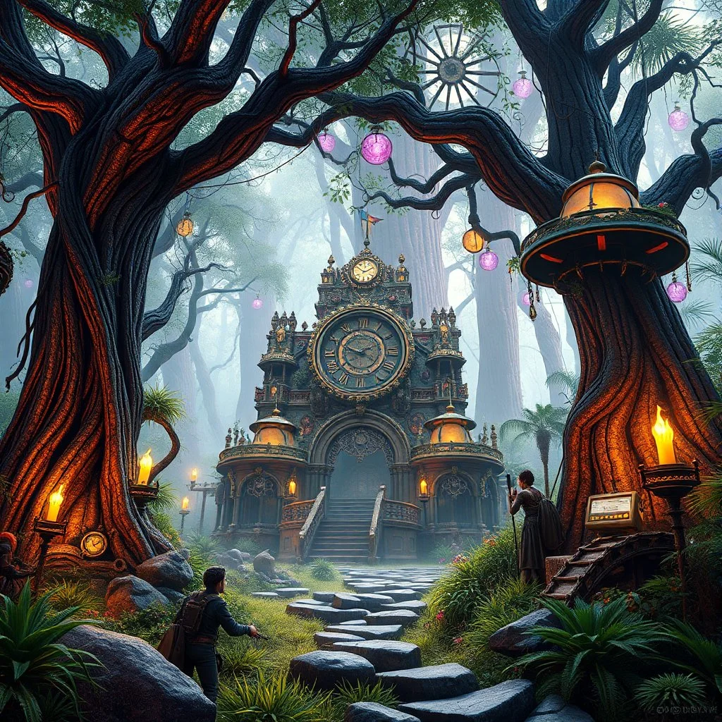 Scene from a modern fantasy action movie featuring the "Garden of Practicality", the Clockwork Forest Realm of Ix Chel, Cyberpunk style. Coloring similar to Lord of the Rings movies.