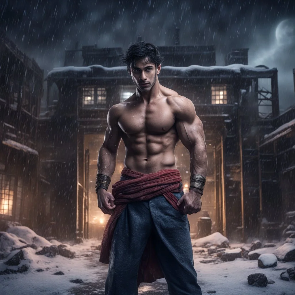 Hyper Realistic handsome muscular Aladdin standing bravely outside massive-dark-abandoned-factory-with-broken-windows-&-fancy-main-gate at dark snowfall night with dramatic & cinematic ambiance