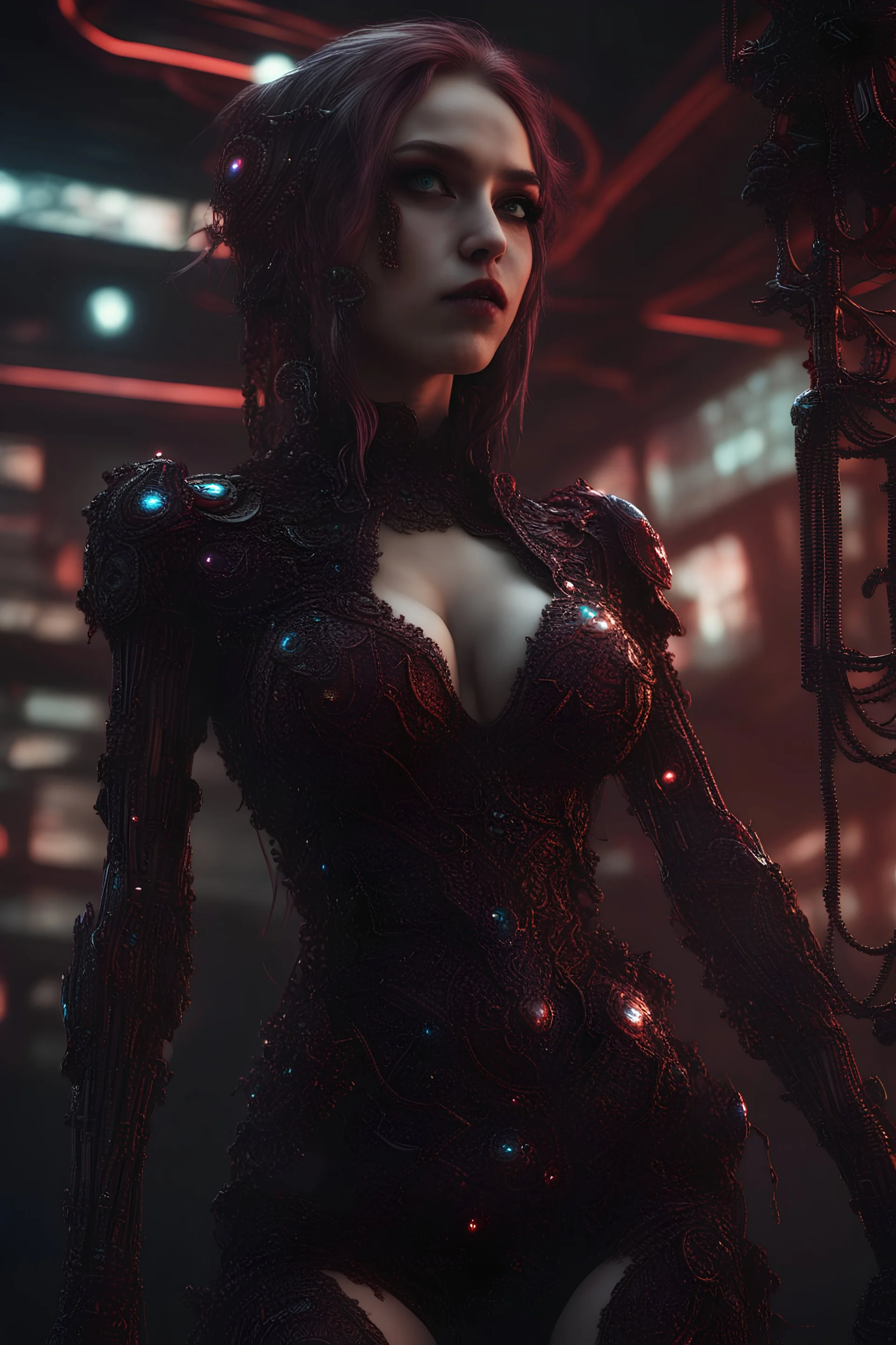 enchanted punk girl, full body, leaning pose, airview, intricately detailed, eyes cybernetic, eyes holographic, darkred tones, 8k, macro photography, high lighting, intricate,