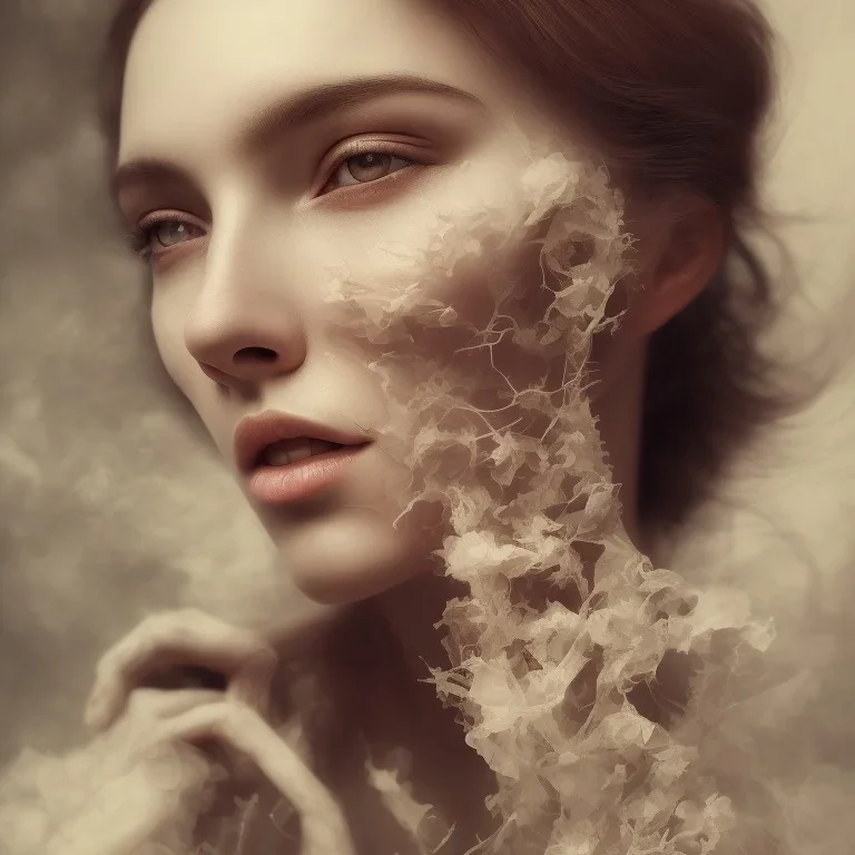 portrait photography of ethereal beauty, 8K, Portrait of a woman by Michelangelo, close-up face, anatomically perfect face, a sunny atmosphere, misty smoke, tree roots