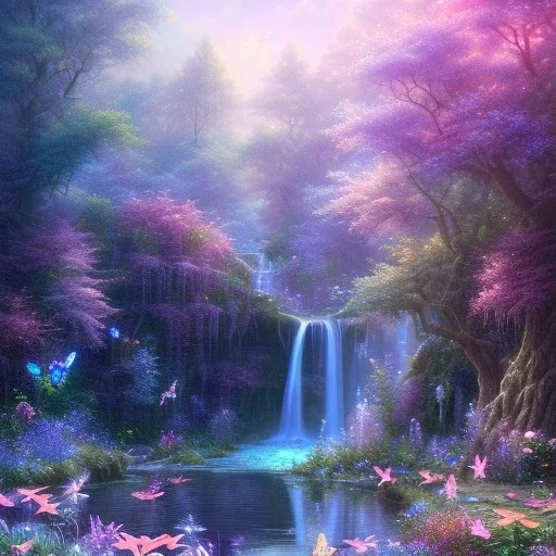 cascata, LAGO BLU, fate, farfalle, SWANN, fiori, alberi in fiore, cielo rosa blu, pieno di dettagli, sole liscio e luminoso ， atmosfera di luce soffusa, effetto luce ， vaporwave colorato, concept art, dettaglio liscio ed estremamente nitido, dettagli finemente sintonizzati, altissima definizione, 8 k, motore irreale 5, messa a fuoco ultra nitida