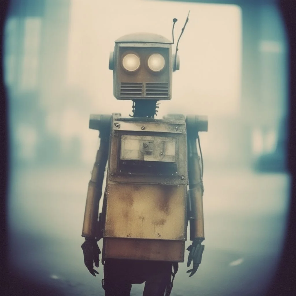 steampunk, vintage analog polaroid of a woman robot, female body, fog, lomography, heavy film grain, night, color bleed, depth of field, bokeh, retro, saggy granny woman, abandoned sci-fi town, future, sci-fi