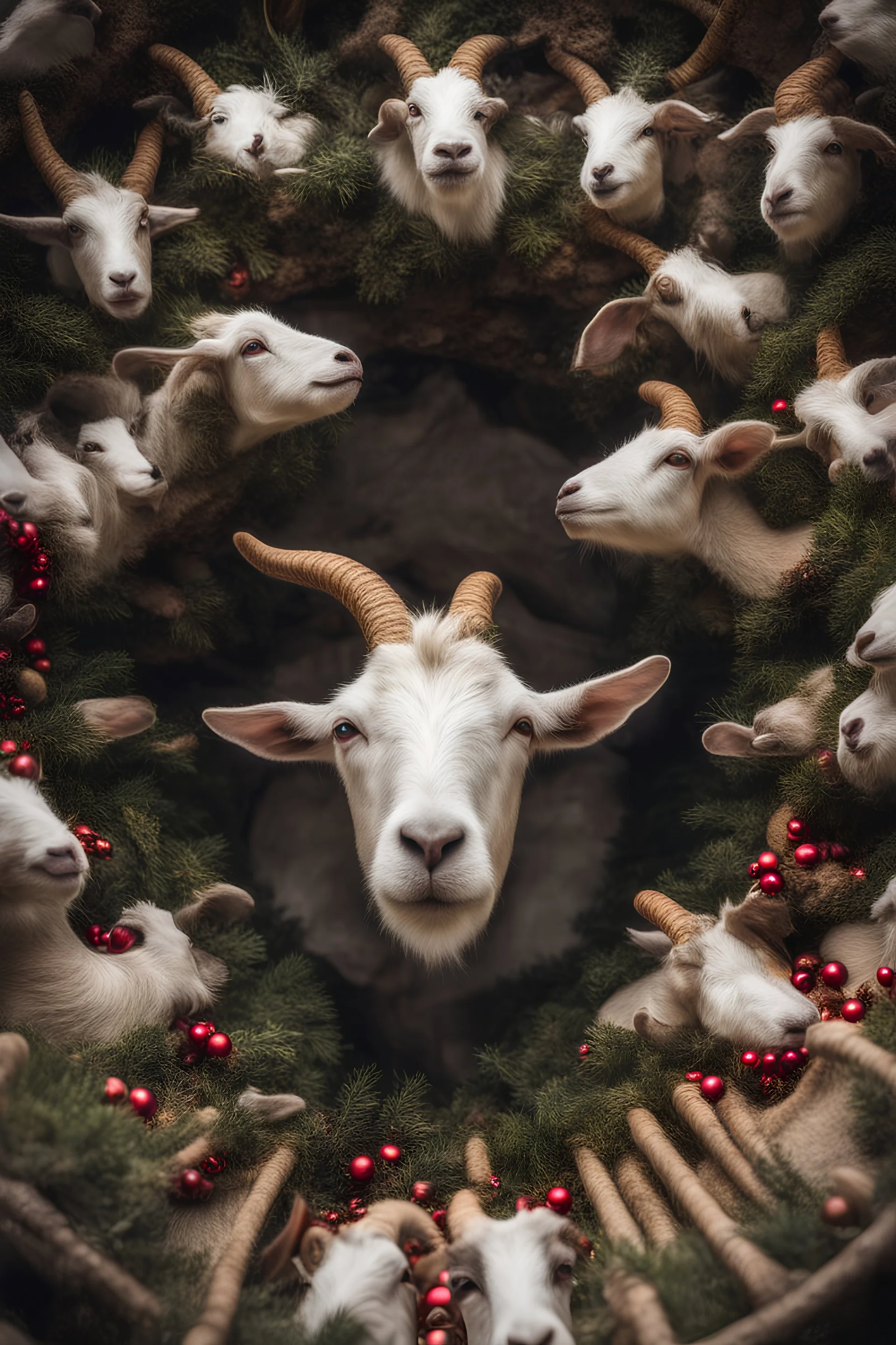 Christmas tree but with goat heads as decorations, the perspective looking up from the bottom of an empty well ,8k,macro photography,