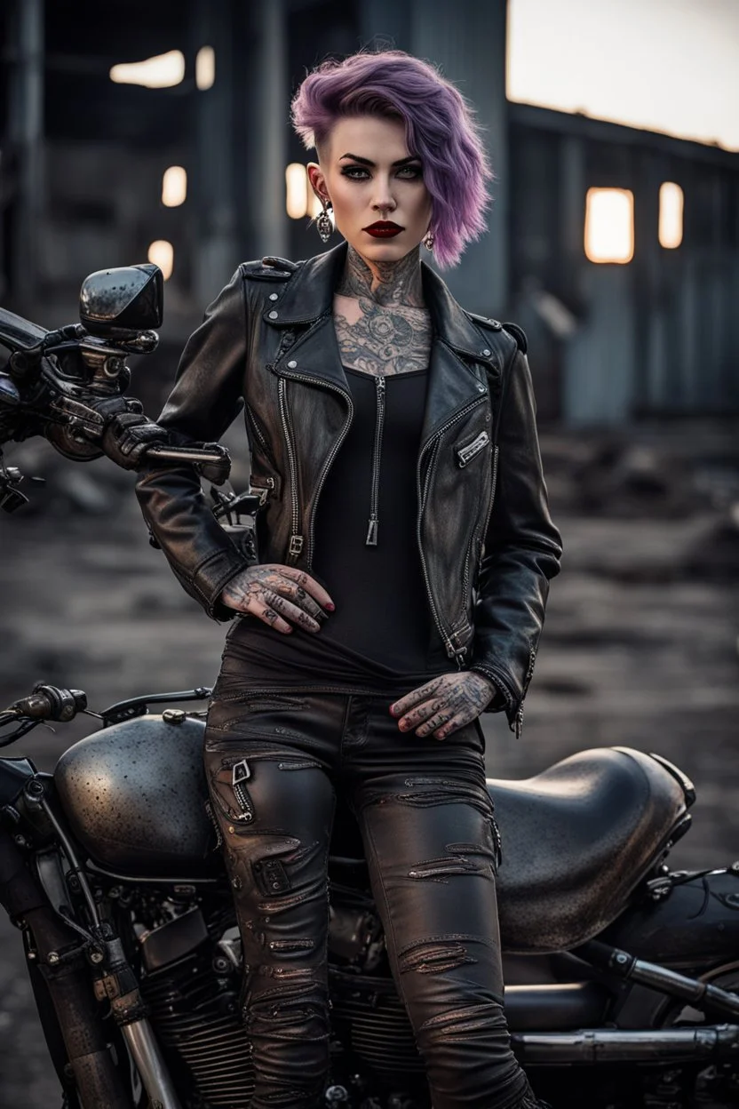 tattooed vampire girl showing fangs with short cropped curly cyberpunk hair in motorcycle leathers in an abandoned steel refinery at dusk