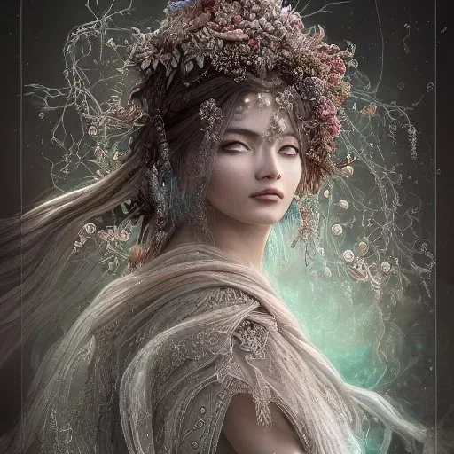 Insanely detailed photograph of an “portrait of gorgeous winter goddess ” with intricate hair, intricate embroidered dress, beautiful clear face and hyperdetailed painting by Ismail Inceoglu Huang Guangjian and Dan Witz CGSociety ZBrush Central fantasy art album cover art,8K, hdr, romantic, mysterious, ominous, beautiful flowers, jewelry, comfort, natural eyes,naked,tasteful