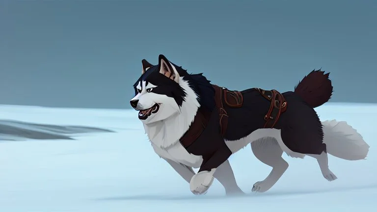 Alaskian Malamute running through the snow, furry style, shamanism, fish