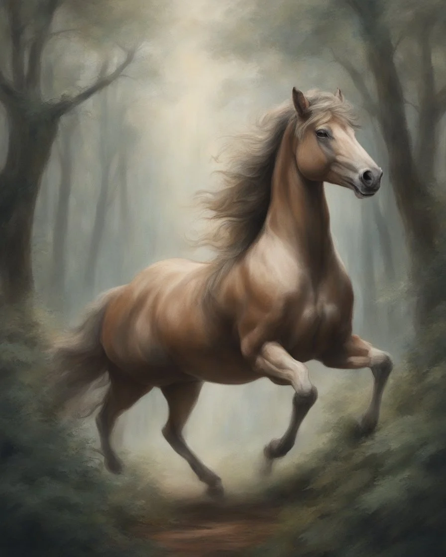 A centaur majestically galloping through the dense forest in the style of Camilla d'errica, fantastical landscape, soft strokes , mythology portrait, classic painting