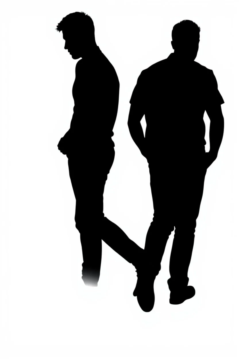 black silhouette of two men, one tall and muscular, the other shorter and thin, walking away from the camera on solid white background