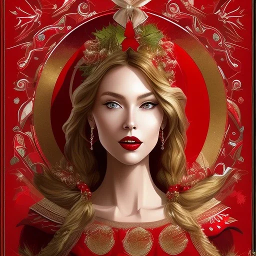 portrait lady red warrior Christmas tree, arcane style