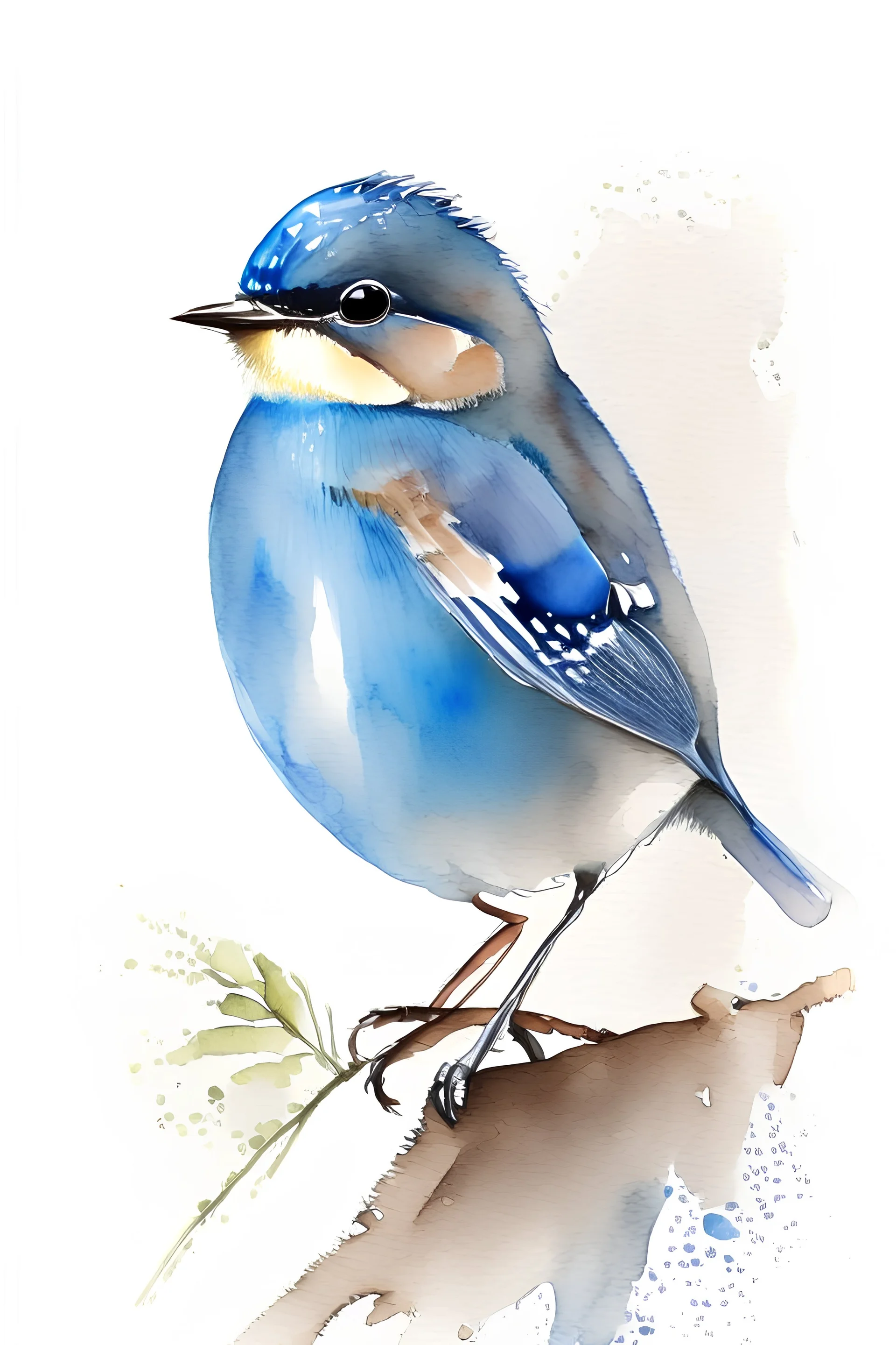 watercolor painting of a small bird. White background. Fine lines. Realistic bird. Blue bird.