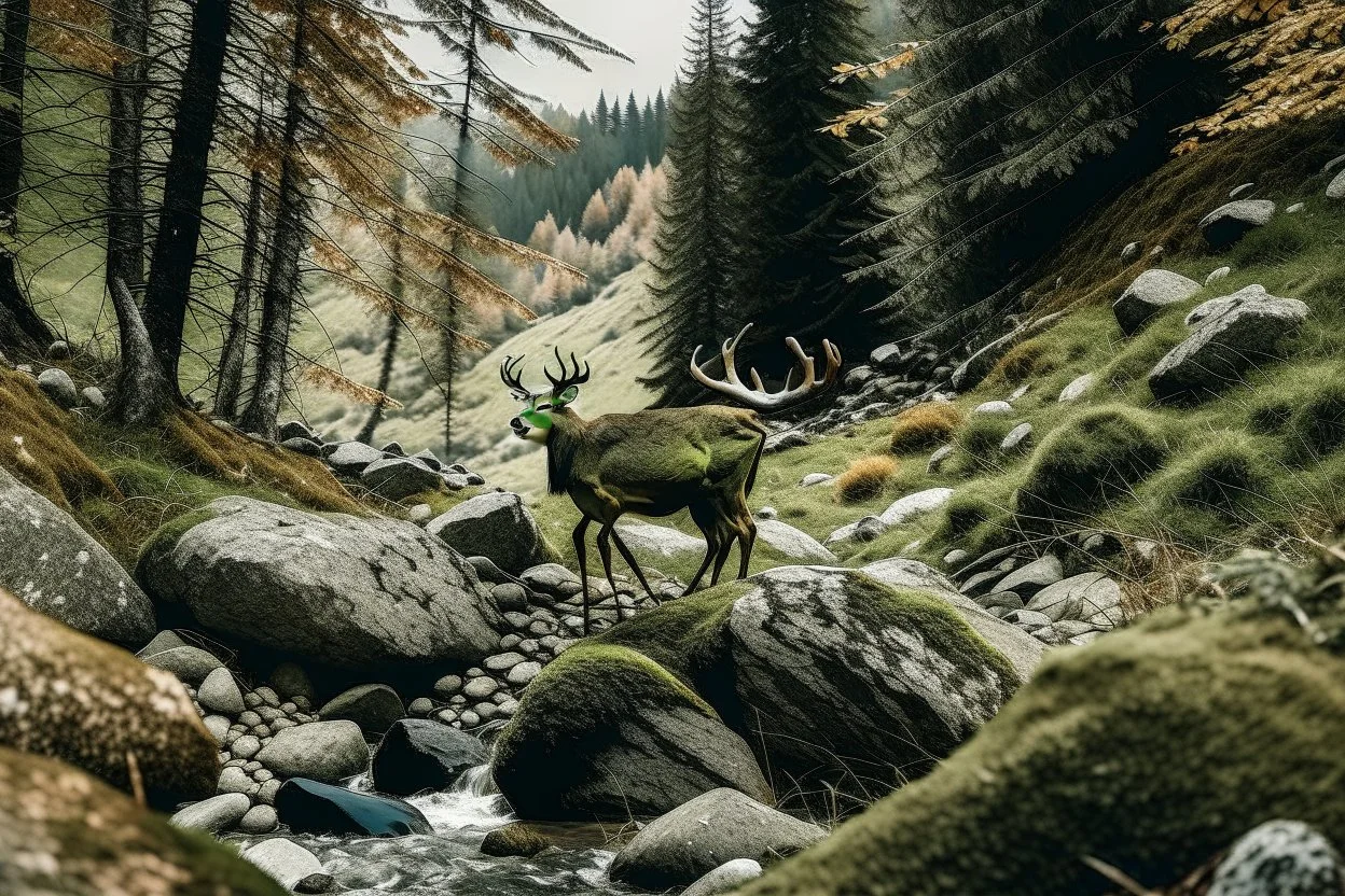 deer in forest next to rocks and grass fields