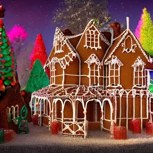 close-up of Victorian house made of gingerbread and vibrant candy, cotton candy trees and gumdrop walkway, 8k resolution, centered, high-quality, ultrafine-detail, digital art, detailed matte, volumetric lighting, illustration, 3D octane render, brian froud, howard lyon, greg rutowski, George Grie