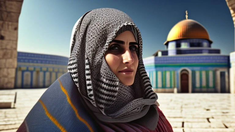 A woman wearing a keffiyeh holds the Dome of the Rock