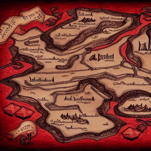 dnd, fantasy, map of the small town, demonic, diagram, map, parchment, illustration, arstation, red colour, black sand, barren desert