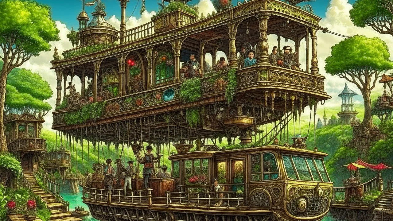 steampunk gipsy caravan crossed with a boat flying high over a jungle with platforms, verandas, and people, intricate