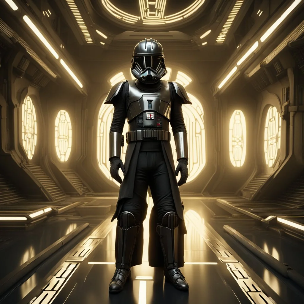 star wars bald male corellian pilot wearing gunmetal grey and black first order armored TIE pilot flightsuit and helmet with gold trim inside the jedi temple, centered head and shoulders portrait, hyperdetailed, dynamic lighting, hyperdetailed background, 8k resolution, volumetric lighting, light skin, fully symmetric details