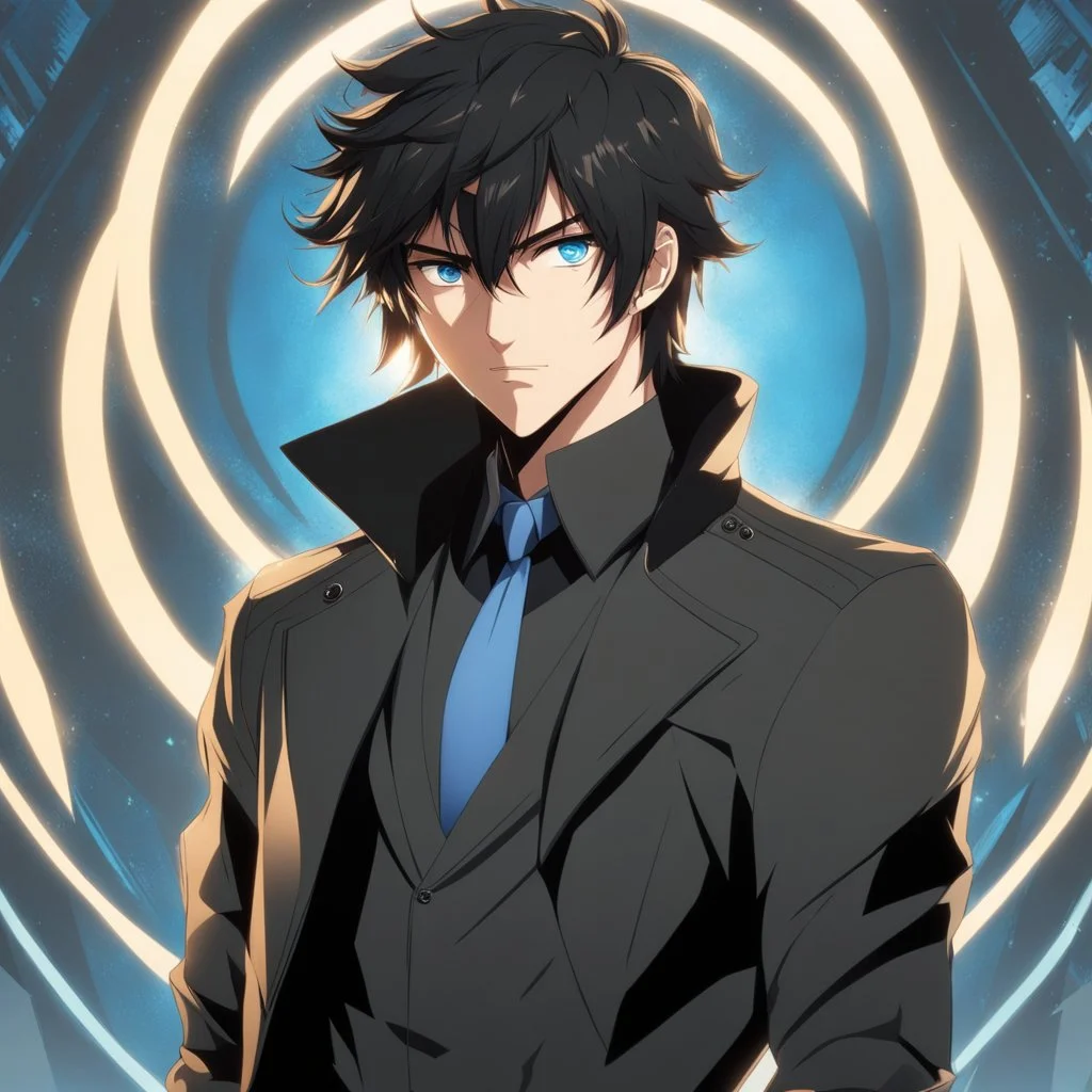 (masterpiece), (anime style), award winning, close up, centered, headshot, looking toward camera, messy black hair, young man, blue eyes, modern, dynamic lighting, ultra detailed, (epic composition, epic proportion), professional work, black clothes