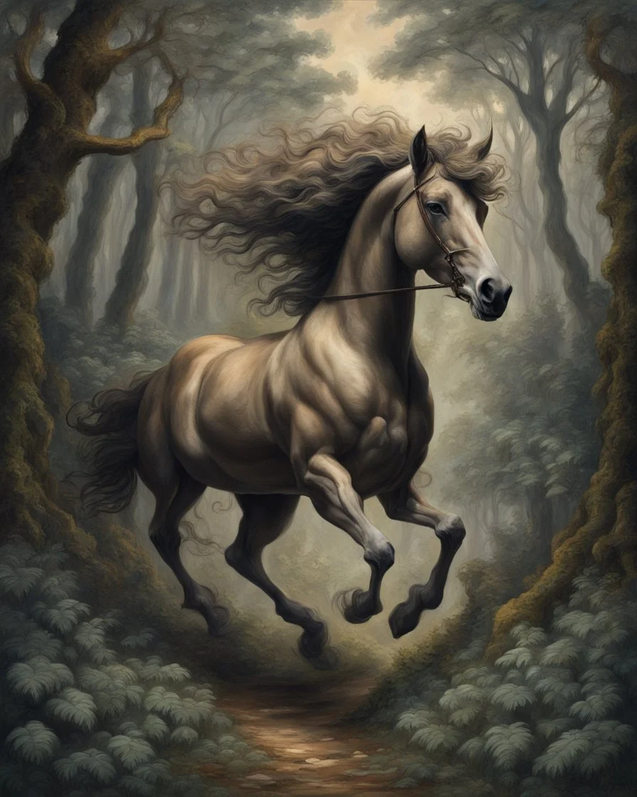 A centaur majestically galloping through the dense forest in the style of gustav dore, fantastical landscape, soft strokes , mythology portrait, classic painting